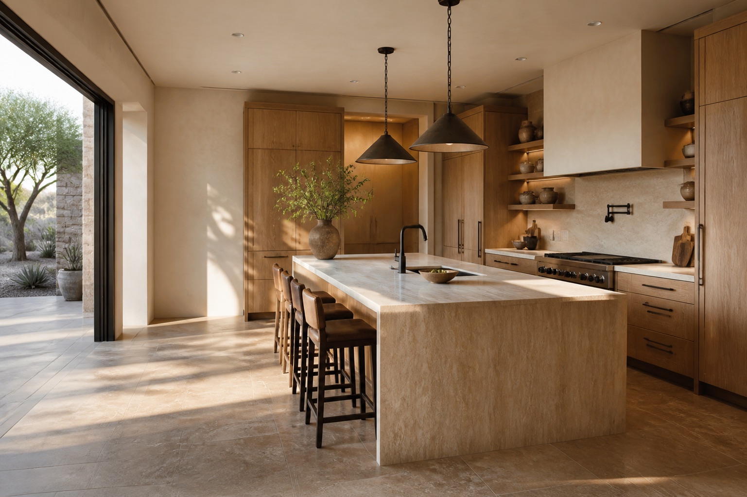 Illustrative warm wood kitchen with a large island